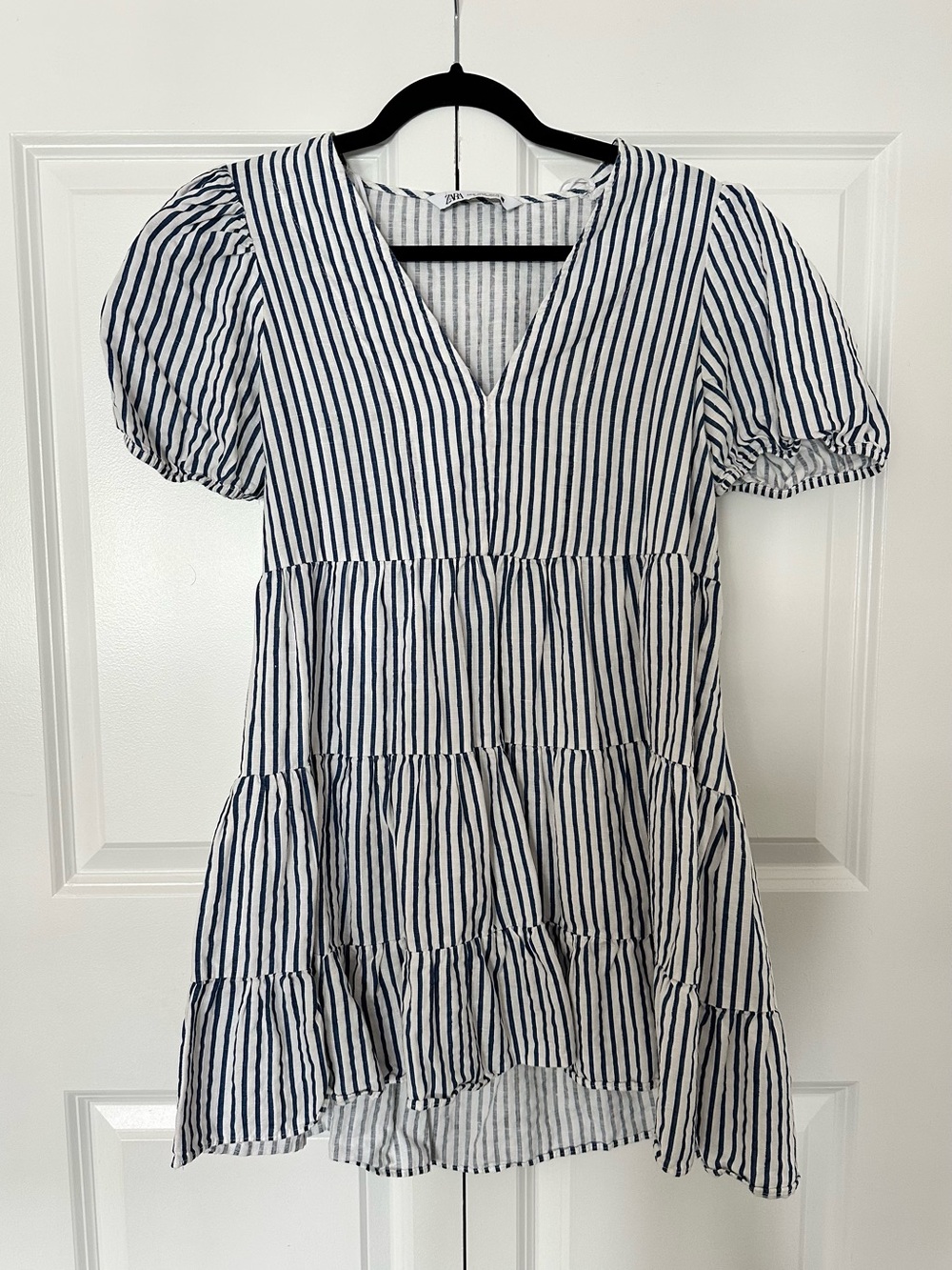 Zara Blue White Striped Puff Sleeve Tiered Mini Dress Size M
